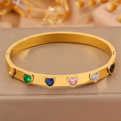 Heart Shape Bangle For Super Bowl Featuring 304 Stainless Steel And 18K Real Gold Plated With Rhinestones, Unisex