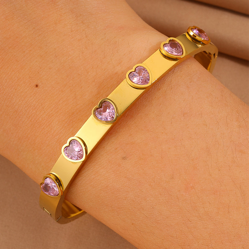 Heart Shape Bangle For Super Bowl Featuring 304 Stainless Steel And 18K Real Gold Plated With Rhinestones, Unisex