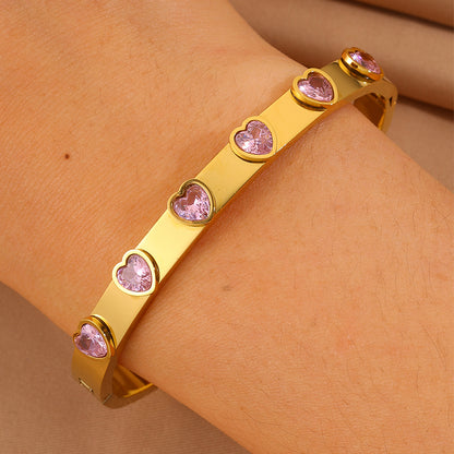 Heart Shape Bangle For Super Bowl Featuring 304 Stainless Steel And 18K Real Gold Plated With Rhinestones, Unisex