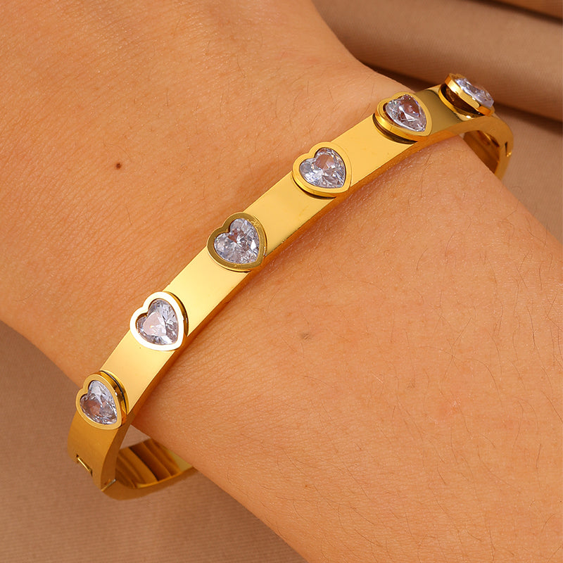 Heart Shape Bangle For Super Bowl Featuring 304 Stainless Steel And 18K Real Gold Plated With Rhinestones, Unisex