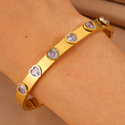 Heart Shape Bangle For Super Bowl Featuring 304 Stainless Steel And 18K Real Gold Plated With Rhinestones, Unisex