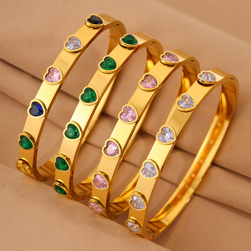Heart Shape Bangle For Super Bowl Featuring 304 Stainless Steel And 18K Real Gold Plated With Rhinestones, Unisex