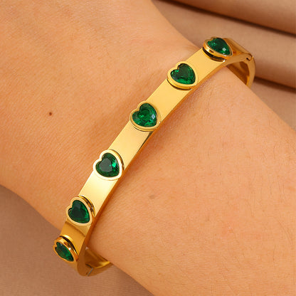 Heart Shape Bangle For Super Bowl Featuring 304 Stainless Steel And 18K Real Gold Plated With Rhinestones, Unisex