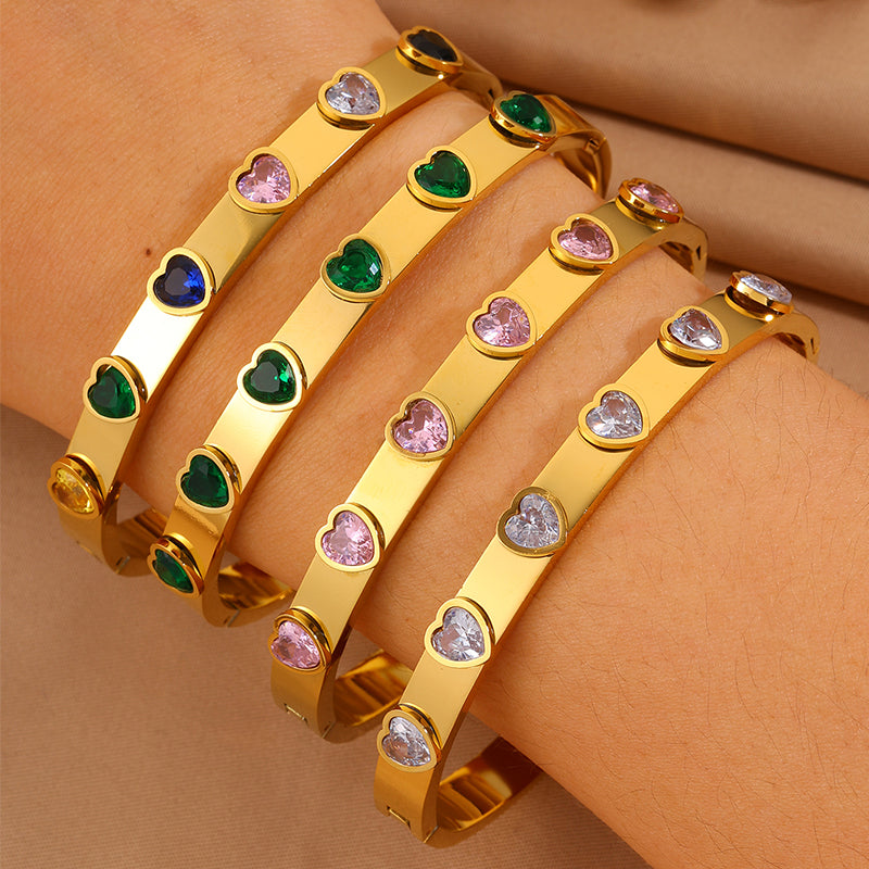 Heart Shape Bangle For Super Bowl Featuring 304 Stainless Steel And 18K Real Gold Plated With Rhinestones, Unisex