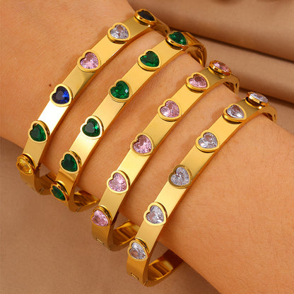 Heart Shape Bangle For Super Bowl Featuring 304 Stainless Steel And 18K Real Gold Plated With Rhinestones, Unisex