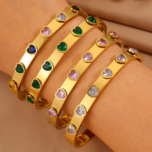 Heart Shape Bangle For Super Bowl Featuring 304 Stainless Steel And 18K Real Gold Plated With Rhinestones, Unisex