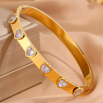 Heart Shape Bangle For Super Bowl Featuring 304 Stainless Steel And 18K Real Gold Plated With Rhinestones, Unisex