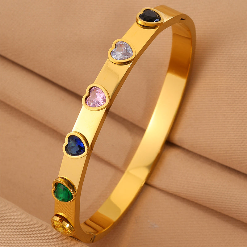 Heart Shape Bangle For Super Bowl Featuring 304 Stainless Steel And 18K Real Gold Plated With Rhinestones, Unisex