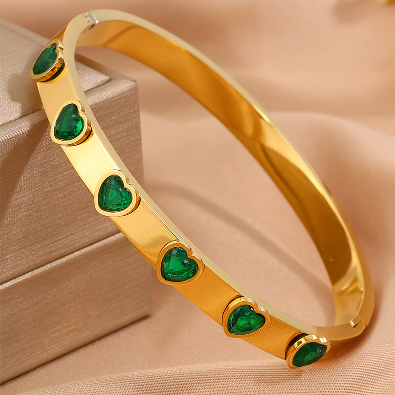 Heart Shape Bangle For Super Bowl Featuring 304 Stainless Steel And 18K Real Gold Plated With Rhinestones, Unisex
