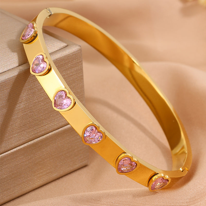 Heart Shape Bangle For Super Bowl Featuring 304 Stainless Steel And 18K Real Gold Plated With Rhinestones, Unisex