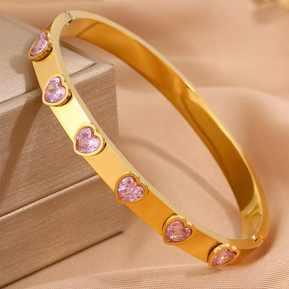Heart Shape Bangle For Super Bowl Featuring 304 Stainless Steel And 18K Real Gold Plated With Rhinestones, Unisex