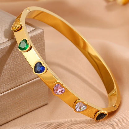 Heart Shape Bangle For Super Bowl Featuring 304 Stainless Steel And 18K Real Gold Plated With Rhinestones, Unisex