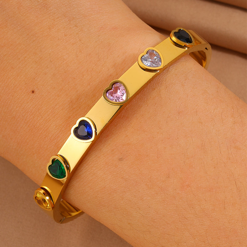 Heart Shape Bangle For Super Bowl Featuring 304 Stainless Steel And 18K Real Gold Plated With Rhinestones, Unisex