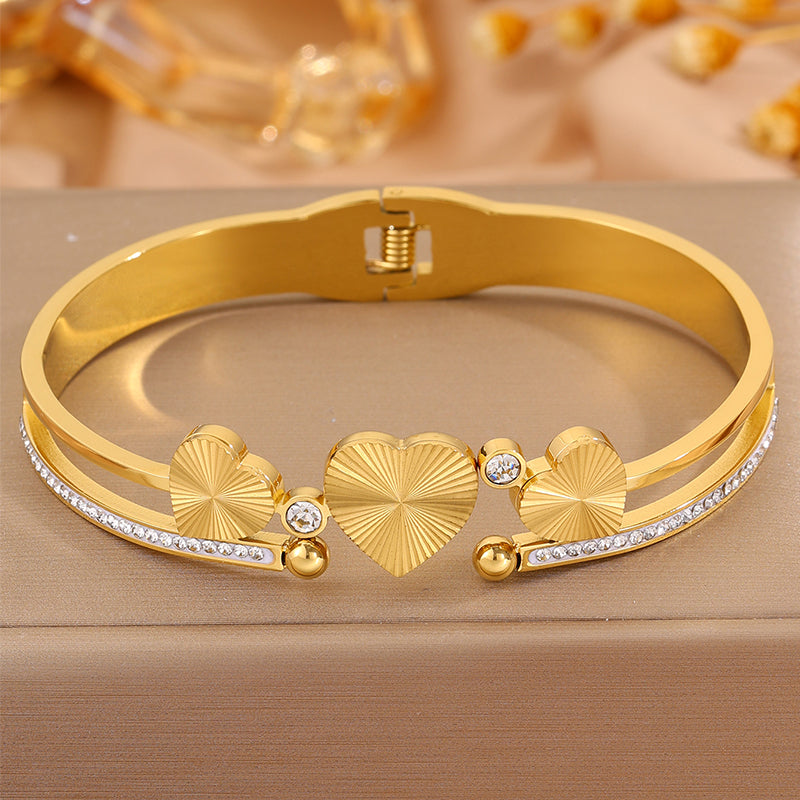 Heart Shape New Year Bangle For Unisex Featuring 304 Stainless Steel With 18K Real Gold Plated And Rhinestones Inlay