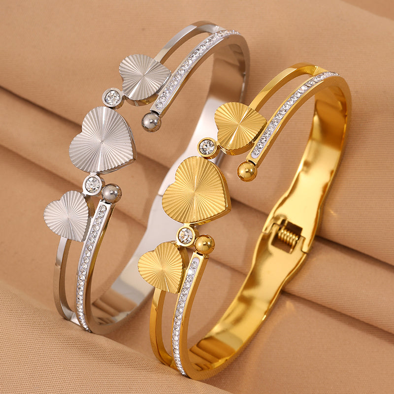 Heart Shape New Year Bangle For Unisex Featuring 304 Stainless Steel With 18K Real Gold Plated And Rhinestones Inlay