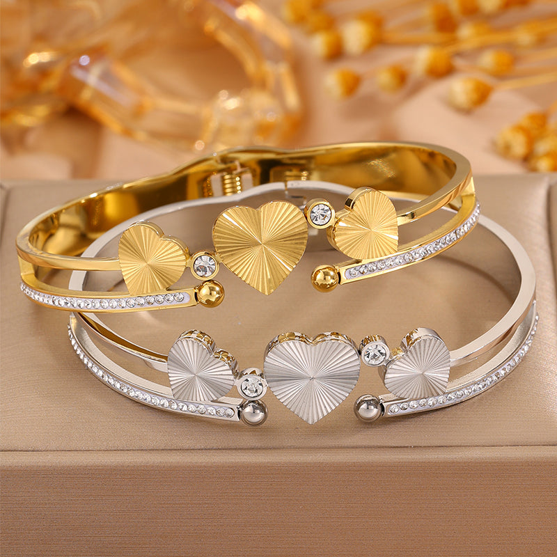 Heart Shape New Year Bangle For Unisex Featuring 304 Stainless Steel With 18K Real Gold Plated And Rhinestones Inlay