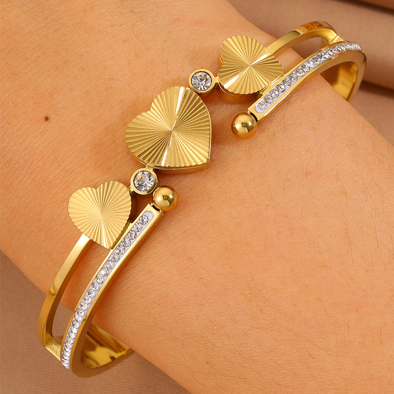 Heart Shape New Year Bangle For Unisex Featuring 304 Stainless Steel With 18K Real Gold Plated And Rhinestones Inlay