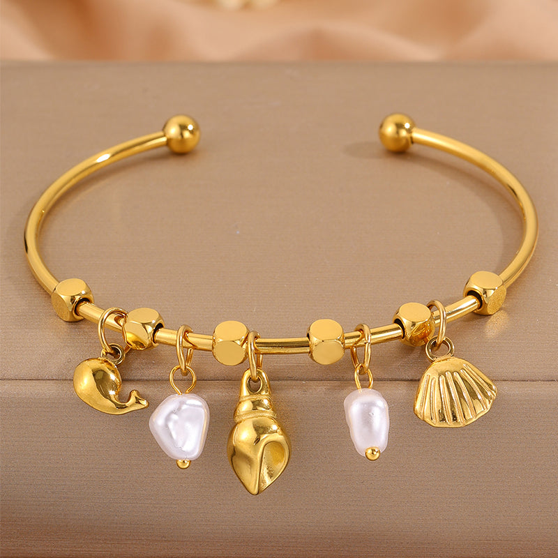 Conch Bangle For Wedding Season Featuring Marine Style With 304 Stainless Steel And 18K Real Gold Plated Inlayed With Imitation Pearl