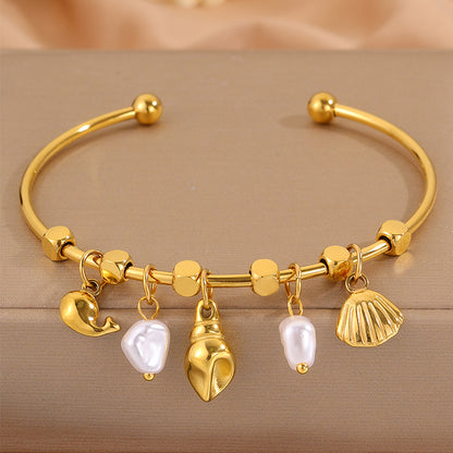 Conch Bangle For Wedding Season Featuring Marine Style With 304 Stainless Steel And 18K Real Gold Plated Inlayed With Imitation Pearl