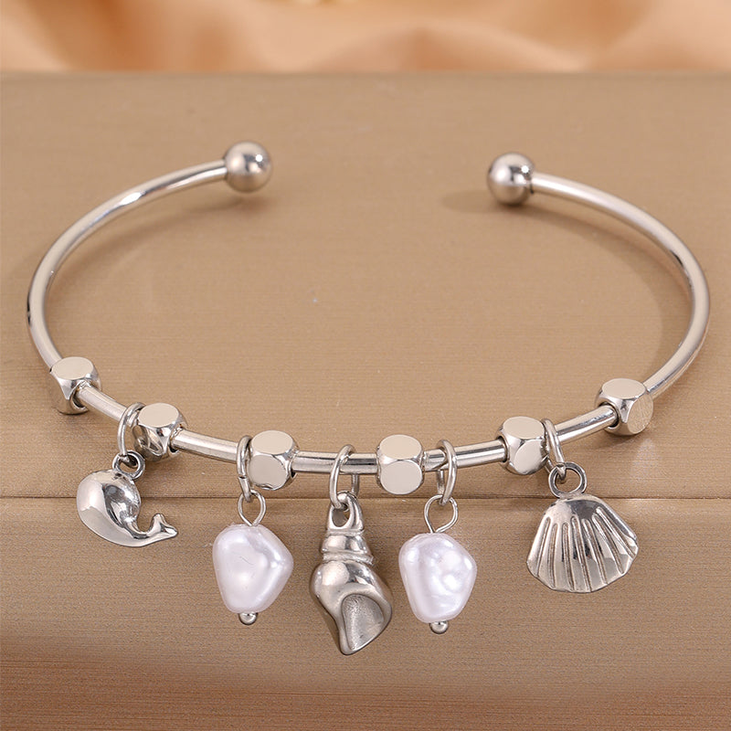 Conch Bangle For Wedding Season Featuring Marine Style With 304 Stainless Steel And 18K Real Gold Plated Inlayed With Imitation Pearl