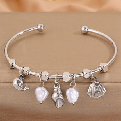 Conch Bangle For Wedding Season Featuring Marine Style With 304 Stainless Steel And 18K Real Gold Plated Inlayed With Imitation Pearl