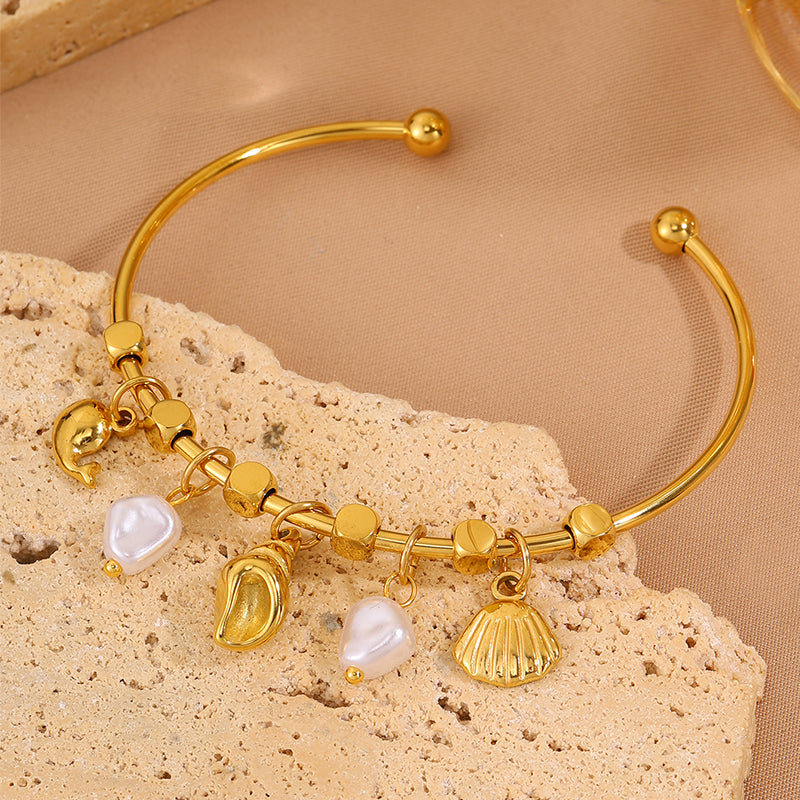 Conch Bangle For Wedding Season Featuring Marine Style With 304 Stainless Steel And 18K Real Gold Plated Inlayed With Imitation Pearl