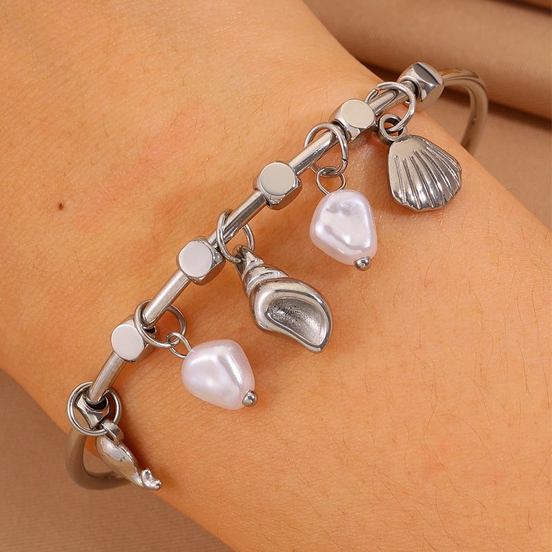 Conch Bangle For Wedding Season Featuring Marine Style With 304 Stainless Steel And 18K Real Gold Plated Inlayed With Imitation Pearl