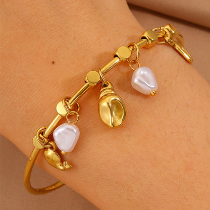 Conch Bangle For Wedding Season Featuring Marine Style With 304 Stainless Steel And 18K Real Gold Plated Inlayed With Imitation Pearl