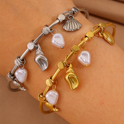 Conch Bangle For Wedding Season Featuring Marine Style With 304 Stainless Steel And 18K Real Gold Plated Inlayed With Imitation Pearl
