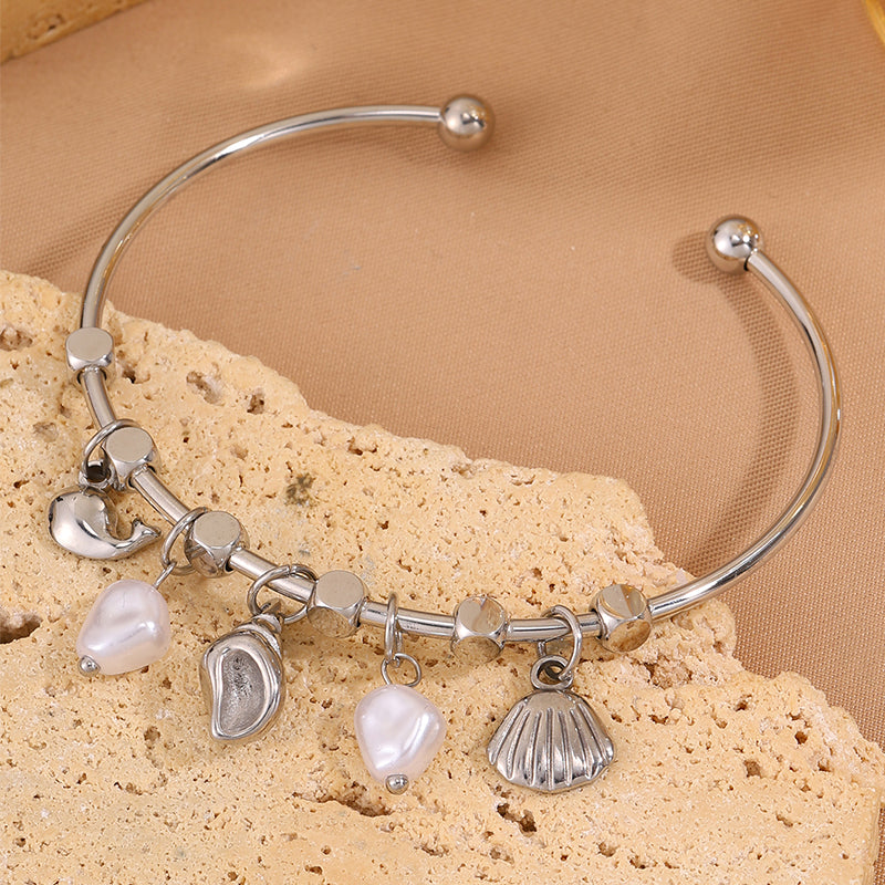 Conch Bangle For Wedding Season Featuring Marine Style With 304 Stainless Steel And 18K Real Gold Plated Inlayed With Imitation Pearl