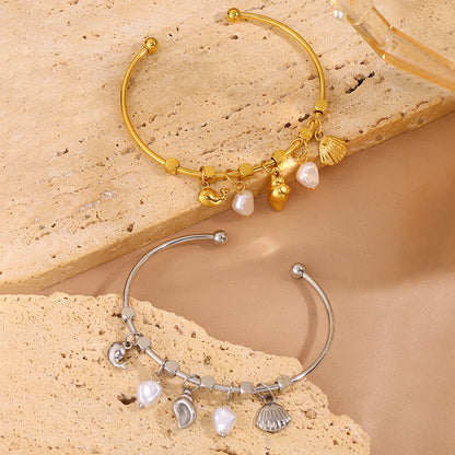 Conch Bangle For Wedding Season Featuring Marine Style With 304 Stainless Steel And 18K Real Gold Plated Inlayed With Imitation Pearl