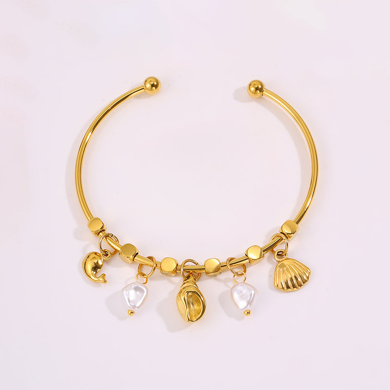 Conch Bangle For Wedding Season Featuring Marine Style With 304 Stainless Steel And 18K Real Gold Plated Inlayed With Imitation Pearl