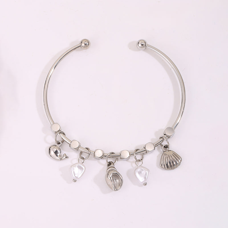 Conch Bangle For Wedding Season Featuring Marine Style With 304 Stainless Steel And 18K Real Gold Plated Inlayed With Imitation Pearl