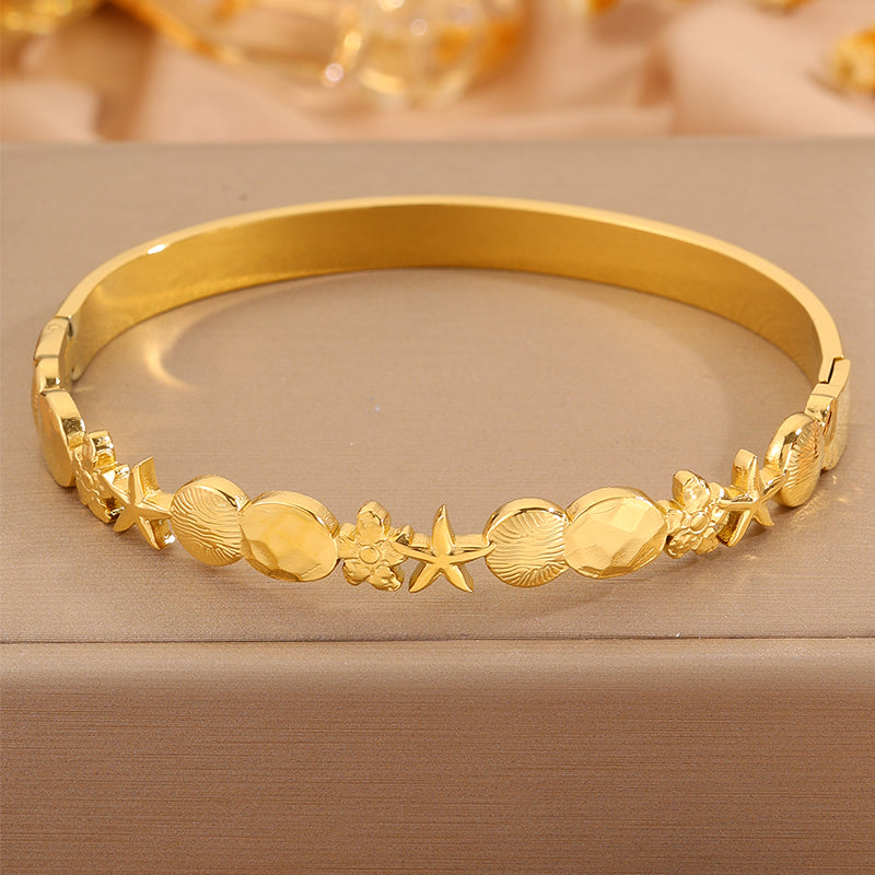 Starfish Bangle For Super Bowl, Marine Style, 304 Stainless Steel With 18K Gold Plated Finish, Stone-Free Inlay