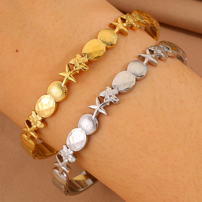 Starfish Bangle For Super Bowl, Marine Style, 304 Stainless Steel With 18K Gold Plated Finish, Stone-Free Inlay