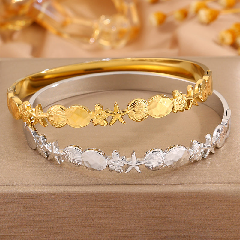 Starfish Bangle For Super Bowl, Marine Style, 304 Stainless Steel With 18K Gold Plated Finish, Stone-Free Inlay