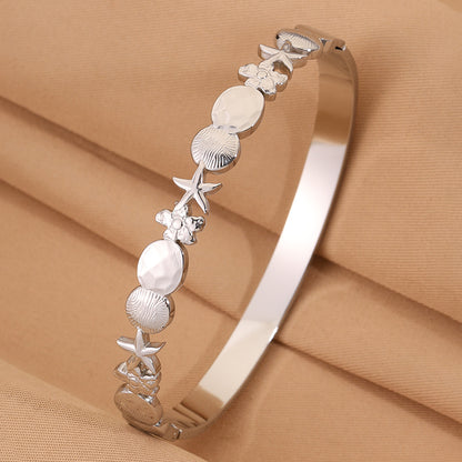 Starfish Bangle For Super Bowl, Marine Style, 304 Stainless Steel With 18K Gold Plated Finish, Stone-Free Inlay
