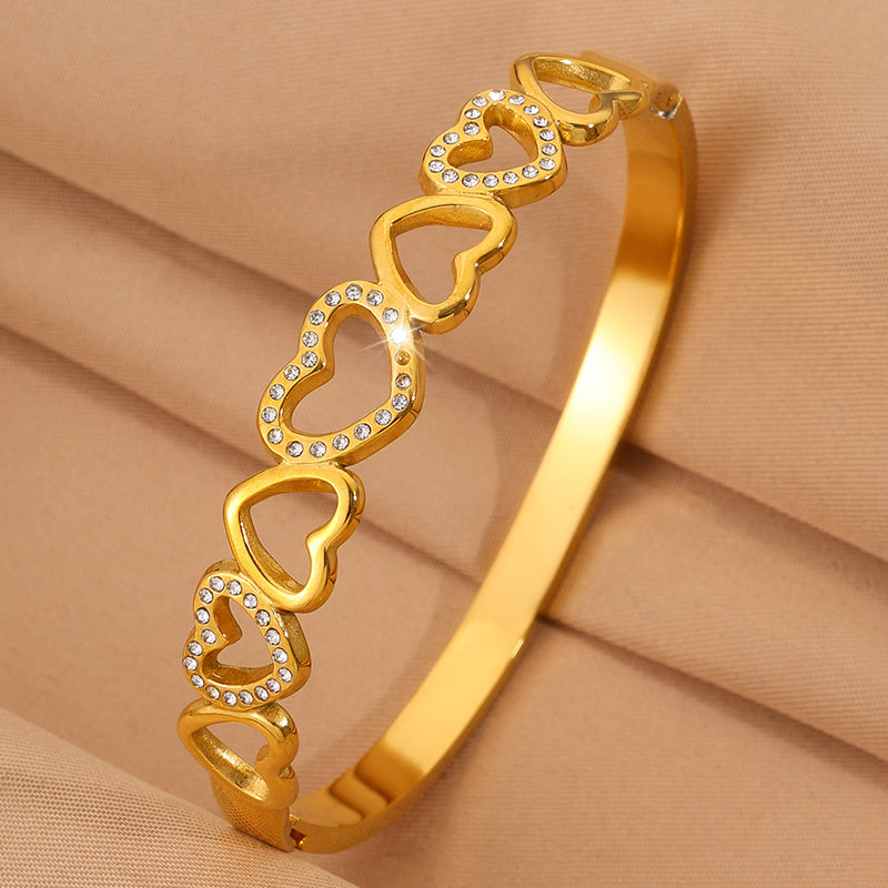 Heart Shape New Year Bangle For Unisex Featuring 304 Stainless Steel With 18K Real Gold Plated And Rhinestones Inlay