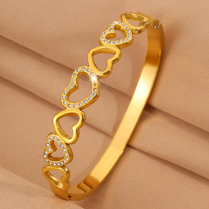 Heart Shape New Year Bangle For Unisex Featuring 304 Stainless Steel With 18K Real Gold Plated And Rhinestones Inlay