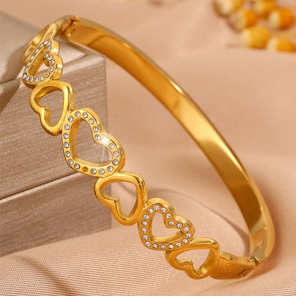 Heart Shape New Year Bangle For Unisex Featuring 304 Stainless Steel With 18K Real Gold Plated And Rhinestones Inlay