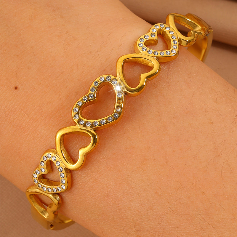 Heart Shape New Year Bangle For Unisex Featuring 304 Stainless Steel With 18K Real Gold Plated And Rhinestones Inlay