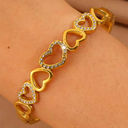 Heart Shape New Year Bangle For Unisex Featuring 304 Stainless Steel With 18K Real Gold Plated And Rhinestones Inlay