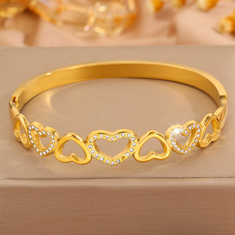 Heart Shape New Year Bangle For Unisex Featuring 304 Stainless Steel With 18K Real Gold Plated And Rhinestones Inlay