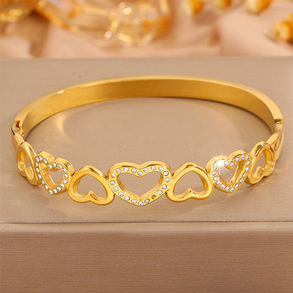Heart Shape New Year Bangle For Unisex Featuring 304 Stainless Steel With 18K Real Gold Plated And Rhinestones Inlay