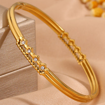 Solid Color Roman Style Bangle For Olympic Games, Made Of 304 Stainless Steel With 18K Real Gold Plated And Rhinestones Inlay