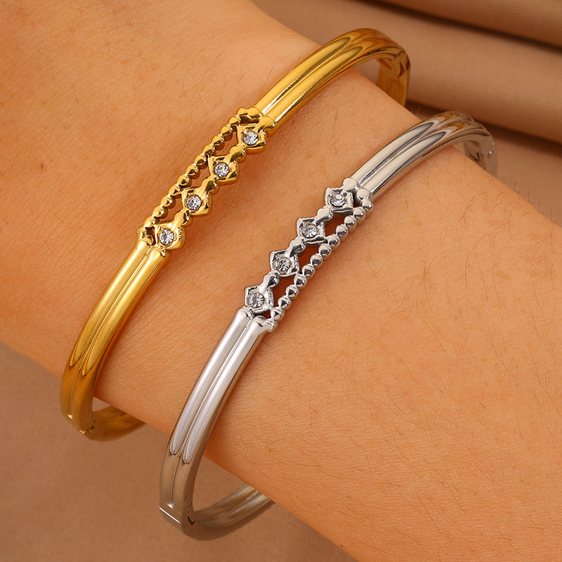 Solid Color Roman Style Bangle For Olympic Games, Made Of 304 Stainless Steel With 18K Real Gold Plated And Rhinestones Inlay