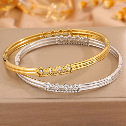 Solid Color Roman Style Bangle For Olympic Games, Made Of 304 Stainless Steel With 18K Real Gold Plated And Rhinestones Inlay
