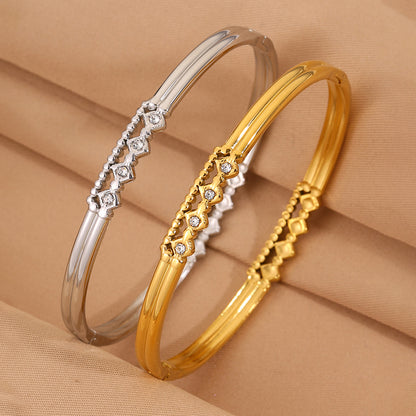 Solid Color Roman Style Bangle For Olympic Games, Made Of 304 Stainless Steel With 18K Real Gold Plated And Rhinestones Inlay