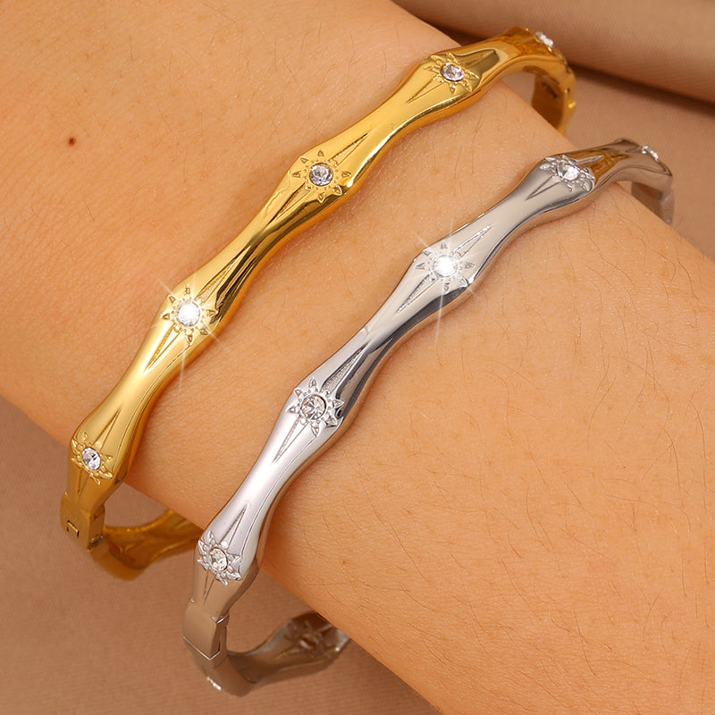Bohemian Sun Bangle For Super Bowl Featuring 304 Stainless Steel With 18K Real Gold Plated And Rhinestones Inlay