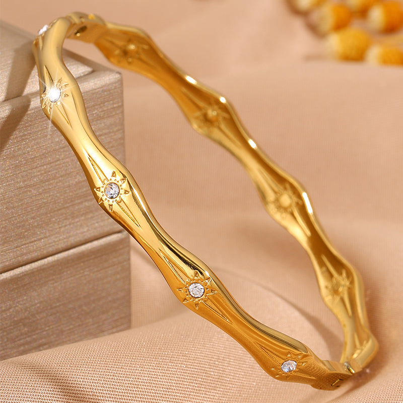 Bohemian Sun Bangle For Super Bowl Featuring 304 Stainless Steel With 18K Real Gold Plated And Rhinestones Inlay